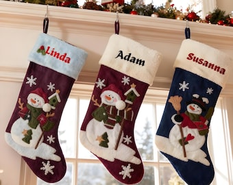 Personalized Velvet Snowman Christmas Stocking: Appliqué Holiday Decor