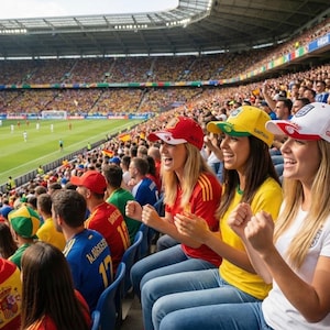 May include: A stadium filled with spectators watching a soccer game. Fans wear team colors and hats, cheering and clapping. The field is green, and the stands are packed with people.