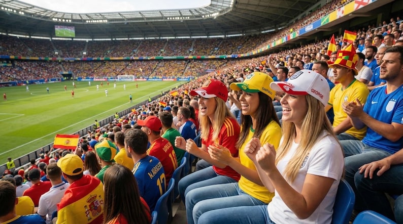 May include: A stadium filled with spectators watching a soccer game. Fans wear team colors and hats, cheering and clapping. The field is green, and the stands are packed with people.