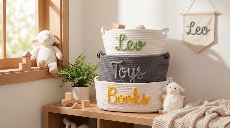 Peut inclure: Trois paniers de rangement tress&eacute;s empil&eacute;s sur une &eacute;tag&egrave;re en bois. Le panier sup&eacute;rieur est blanc avec "Leo" en &eacute;criture verte. Le panier du milieu est gris avec "Toys" en &eacute;criture grise. Le panier inf&eacute;rieur est blanc avec "Books" en &eacute;criture jaune.