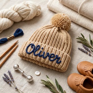 Puede incluir: Un gorro de punto beige con un pompón en la parte superior, que presenta el nombre Oliver bordado en letra cursiva azul oscuro en el dobladillo. El gorro está rodeado de artículos de punto, un sonajero plateado y zapatos de bebé de cuero.