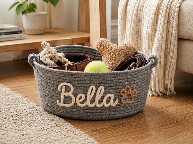 Peut inclure: Un panier gris en corde avec le nom "Bella" en &eacute;criture cr&egrave;me et une empreinte de patte. Il contient un collier pour chien, une balle de tennis, un jouet en corde et un os en peluche. Le panier a des poign&eacute;es.