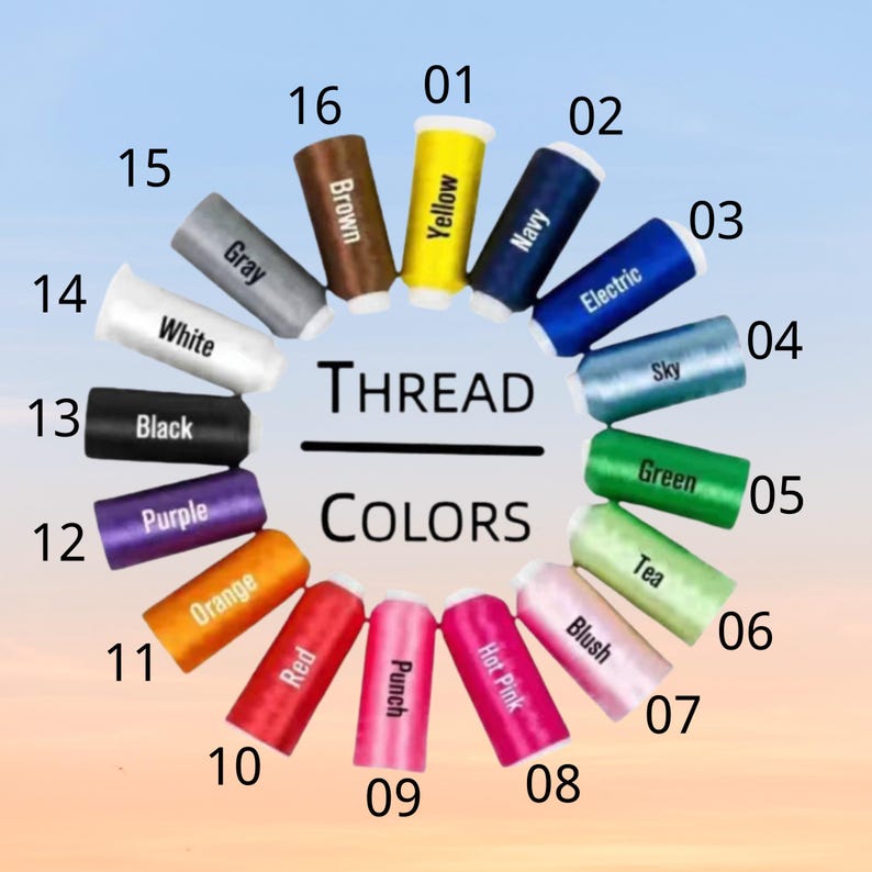 May include: A color chart of thread spools in a circular arrangement. The spools are labeled with colors like yellow, navy, electric blue, sky blue, green, tea, blush, hot pink, punch, red, orange, purple, black, white, gray, and brown. The text "THREAD COLORS" is in the center.