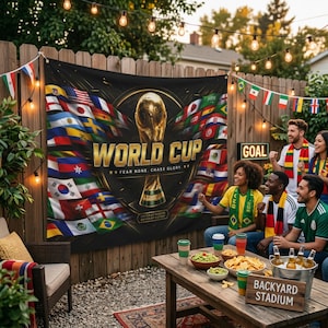 May include: A large black rectangular banner featuring a gold trophy illustration in the center with the text WORLD CUP, FEAR NONE. CHASE GLORY. UNITED BY PASSION DRIVEN BY VICTORY, surrounded by a collage of various international flags.