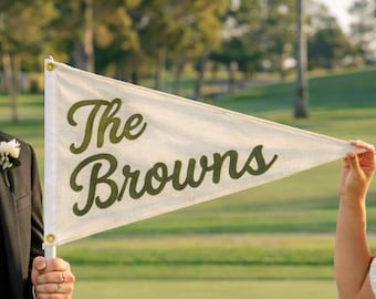 Benutzerdefinierte Hand gestickt Nachname Wimpel, Hochzeit Ehe Flagge, Golf Hochzeit Wimpelkette, hergestellt Banner, Wand Kunst Dekor, Hochzeitsgeschenke