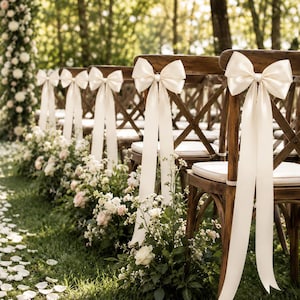 Puede incluir: Una fila de sillas de madera con respaldo en cruz dispuestas para un evento al aire libre. Cada silla presenta un gran lazo de satén color crema atado en el respaldo. Las sillas tienen cojines blancos y están decoradas con arreglos florales.