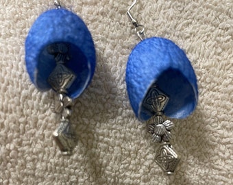 Blue Silk Cocoon Earrings, Hand Dyed, Silk and Bead Earrings, Lightweight Earrings, OOAK, Silk Cocoons, Silver-toned findings