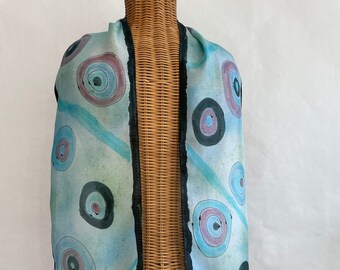 Teal and Black Silk scarf, neck scarf, head scarf, luxurious accessory, gift for her, hand painted and hand dyed, title is Bubbling With Joy