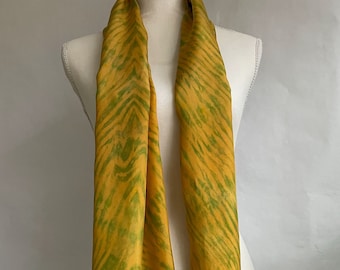 Silk Shawl, Silk Scarf, Hand Painted/Dyed, Yellow Orange, Yellow Green, Shibori Arashi, Titled “Green and Orange Stripes”