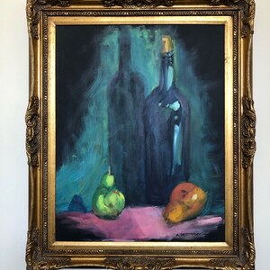 Wine Bottle with Pears, 8 x 10 or 11 x 14, DIGITAL PRINT of acrylic painting, Instant DOWNLOAD image 1
