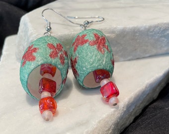 Poinsettias on Green Silk Cocoons Earrings, hand dyed silk cocoons used as earrings with beads added, hand painted poinsettia design