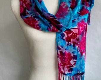 Silk Cut Velvet Fringed Shawl/Scarf, Teal and Fuchsia Velvet, Soft Scarf, Hand-dyed, Rose Patterned, Red and Blue, Earth friendly dyes