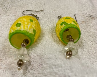 Yellow & Green Polka Dots Silk Cocoon Earrings, Hand Dyed, Silk and Bead Earrings, Lightweight Earrings, OOAK, Silver-toned findings