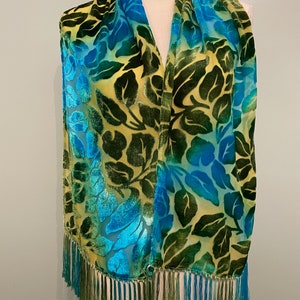 Silk Cut Velvet Fringed Shawl/Scarf, Green and Turquoise Scarf, Leafy Velvet, Soft Scarf, image 2