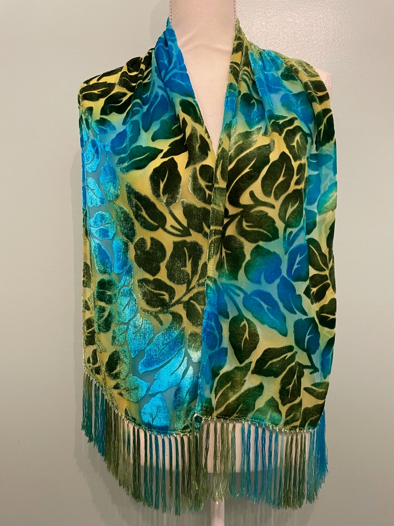 Silk Cut Velvet Fringed Shawl/Scarf, Green and Turquoise Scarf, Leafy Velvet, Soft Scarf, image 2