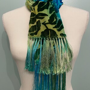 Silk Cut Velvet Fringed Shawl/Scarf, Green and Turquoise Scarf, Leafy Velvet, Soft Scarf, image 8