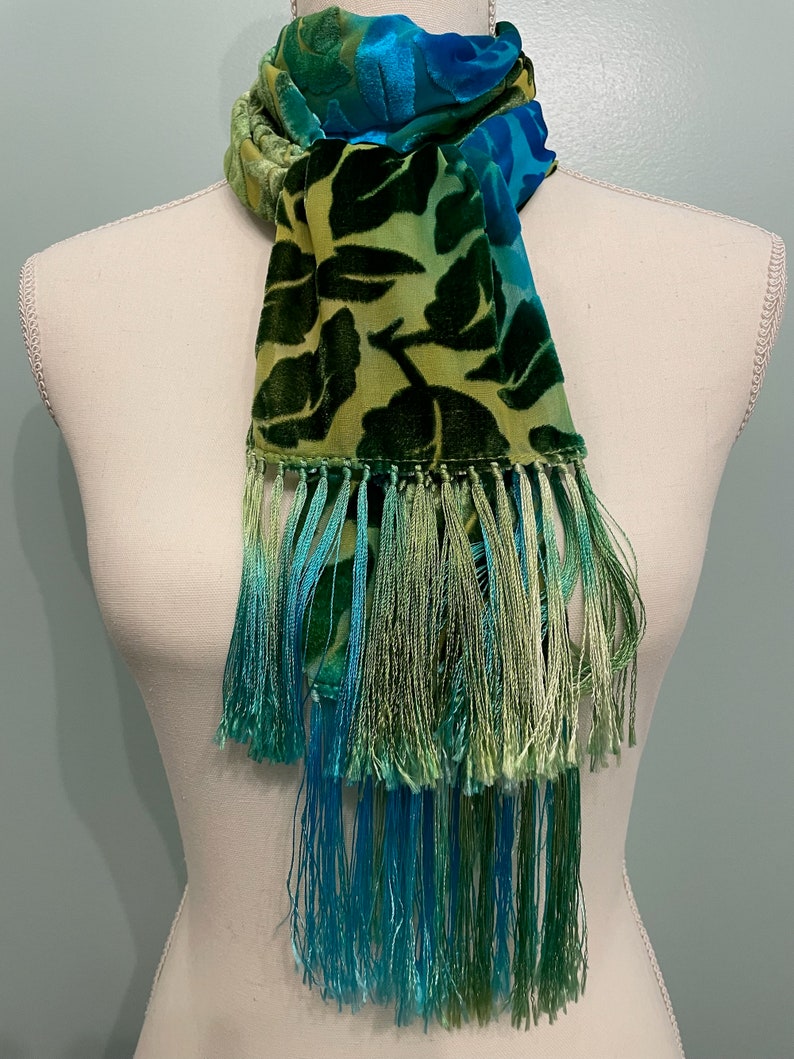 Silk Cut Velvet Fringed Shawl/Scarf, Green and Turquoise Scarf, Leafy Velvet, Soft Scarf, image 8