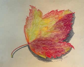 Herbstblatt Pastell Zeichnung, DIGITALPRINT, SOFORTIGER DOWNLOAD, 20 x 25 cm