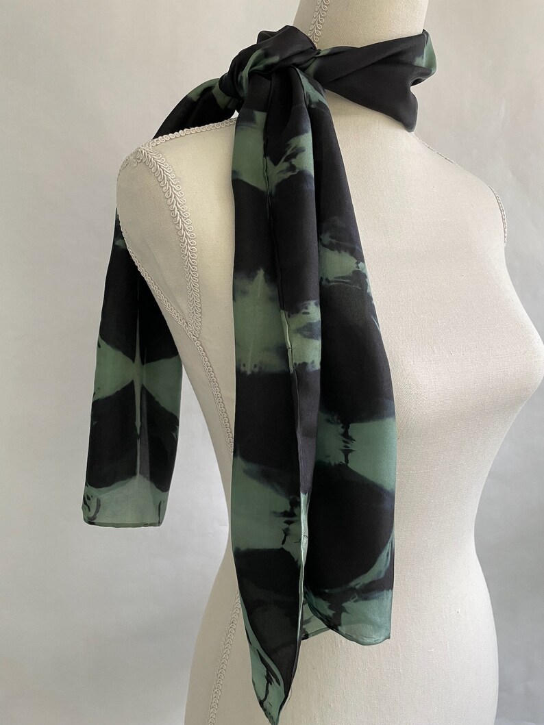 Black Silk Scarf, Mint Green Silk Scarf, Infinity Scarf, Neck Scarf, Head Scarf, Hand Painted/Dyed, titled Mint Green image 8