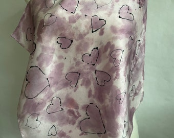 Silk Scarf, Silk Bandana, Hand Painted/Dyed, Lavender Silk, Heart Design, titled “Hearts a Flutter”