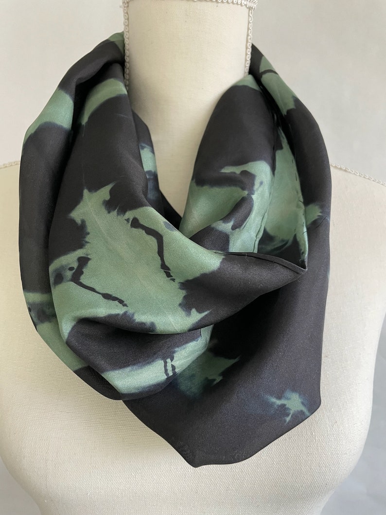 Black Silk Scarf, Mint Green Silk Scarf, Infinity Scarf, Neck Scarf, Head Scarf, Hand Painted/Dyed, titled Mint Green image 4