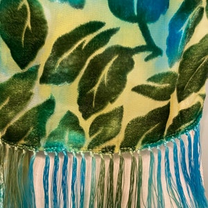 Silk Cut Velvet Fringed Shawl/Scarf, Green and Turquoise Scarf, Leafy Velvet, Soft Scarf, image 5