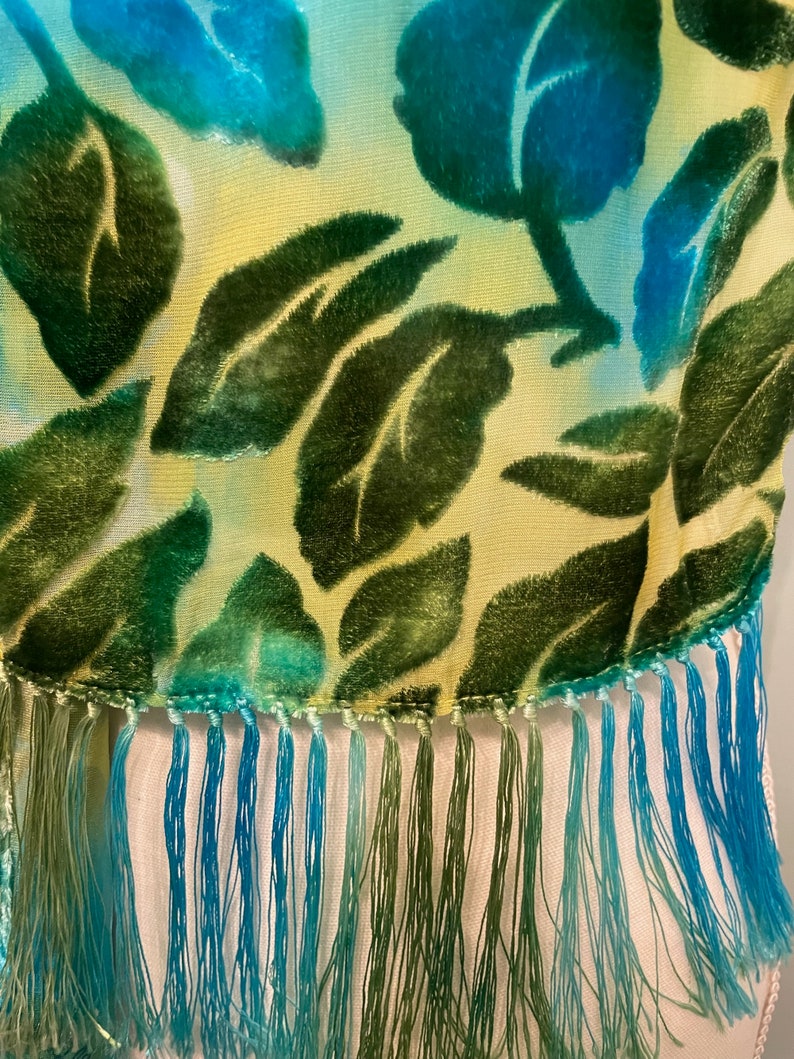 Silk Cut Velvet Fringed Shawl/Scarf, Green and Turquoise Scarf, Leafy Velvet, Soft Scarf, image 5