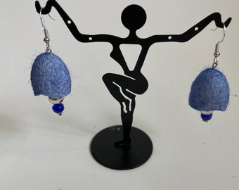 Blue and Navy Silk Cocoon Earrings, Hand Dyed, Silk and Bead Earrings, Lightweight Earrings, OOAK, Silk Cocoons, Silver-toned findings