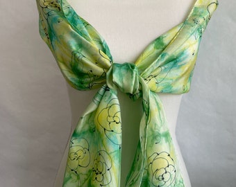 Silk Scarf, Hand Painted/Dyed, Green and Yellow Silk, Roses, titled “Yellow Roses