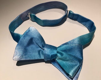 Blue Silk Bow Tie, OOAK, Hand-dyed, hand-painted silk charmeuse bowtie, adjustable hand tie