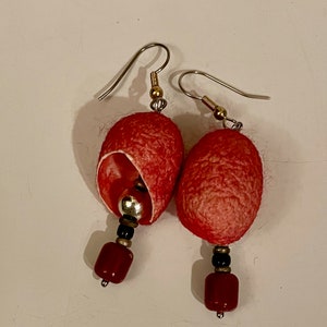 Brick Red Silk Cocoon Earrings, Hand Dyed, Silk and Bead Earrings, Lightweight Earrings, OOAK, Silk Cocoons, Gold and Silver-toned findings image 1