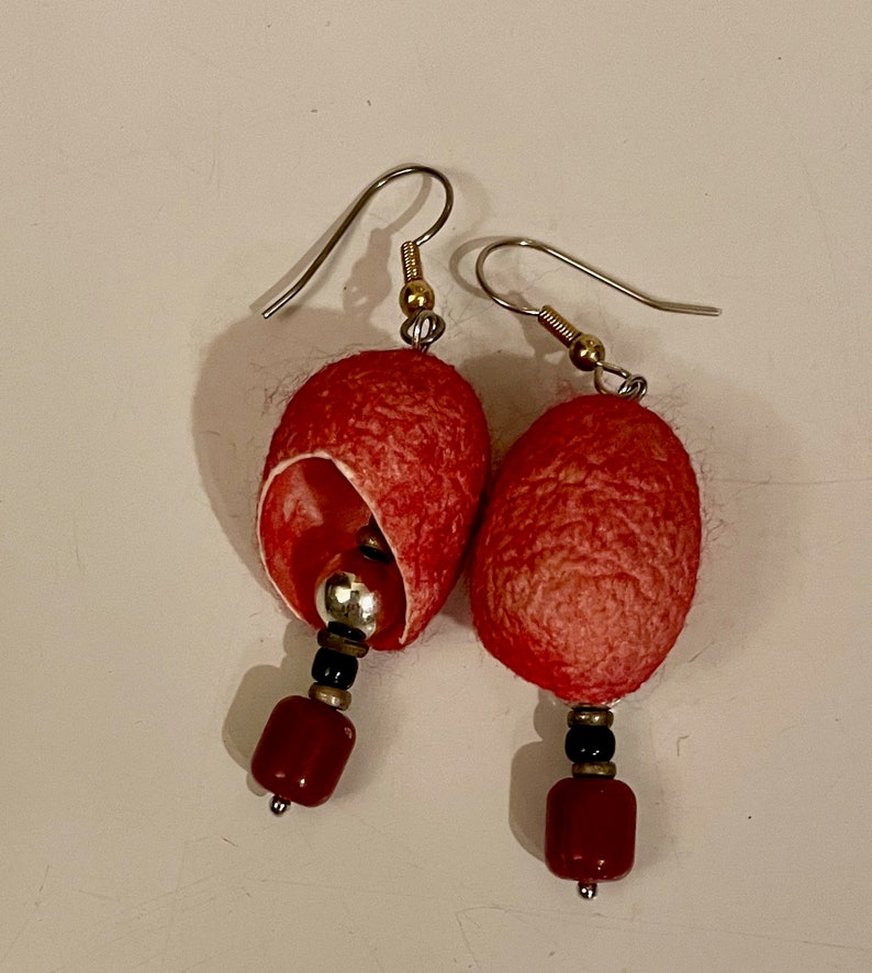 Brick Red Silk Cocoon Earrings, Hand Dyed, Silk and Bead Earrings, Lightweight Earrings, OOAK, Silk Cocoons, Gold and Silver-toned findings image 1