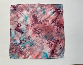 Silk Scarf, Silk Pocket Square, Hand Painted/Dyed, Pink and Blue Silk, Nature Design, titled “Purple Agate”