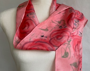 Silk Scarf, Hand Painted/Dyed, Pink Silk, Painted Red Roses, titled “Roses Are Red