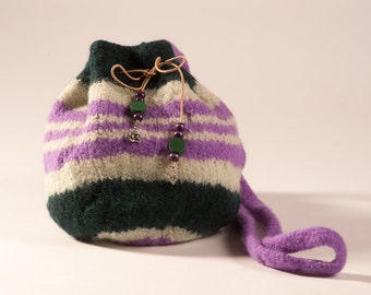 Knitted Felt Purple and Green Striped Purse.