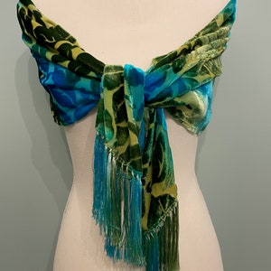 Silk Cut Velvet Fringed Shawl/Scarf, Green and Turquoise Scarf, Leafy Velvet, Soft Scarf, image 7