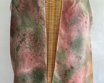 Green and Red Silk Scarf, Head scarf, neck scarf, shawl, luxurious gift for her, Hand Painted/Dyed, titled “Red Ferns”