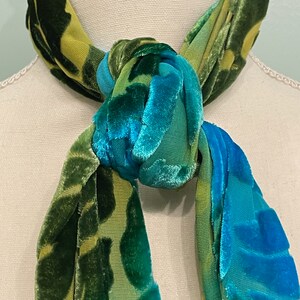 Silk Cut Velvet Fringed Shawl/Scarf, Green and Turquoise Scarf, Leafy Velvet, Soft Scarf, image 4