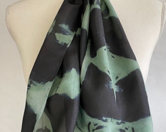 Black Silk Scarf, Mint Green Silk Scarf, Infinity Scarf, Neck Scarf, Head Scarf, Hand Painted/Dyed, titled “Mint Green”