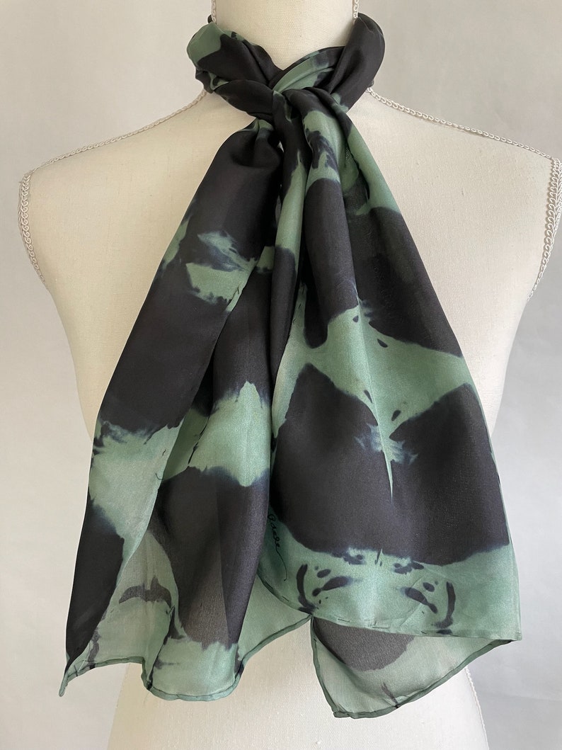 Black Silk Scarf, Mint Green Silk Scarf, Infinity Scarf, Neck Scarf, Head Scarf, Hand Painted/Dyed, titled Mint Green image 1
