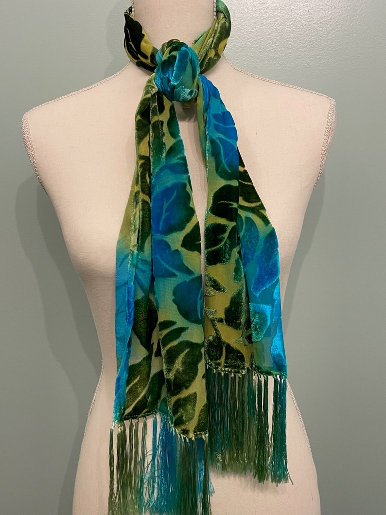 Silk Cut Velvet Fringed Shawl/Scarf, Green and Turquoise Scarf, Leafy Velvet, Soft Scarf, image 3