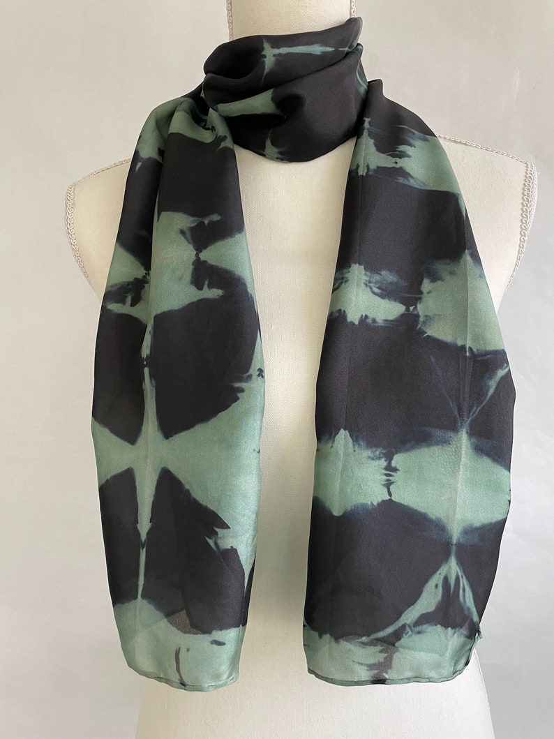 Black Silk Scarf, Mint Green Silk Scarf, Infinity Scarf, Neck Scarf, Head Scarf, Hand Painted/Dyed, titled Mint Green image 3