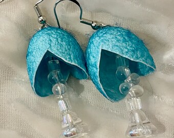 Turquoise Silk Cocoon Earrings, Hand Dyed, Silk and Bead Earrings, Lightweight Earrings, OOAK, Silk Cocoons, Silver-toned findings