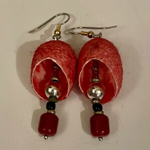 Brick Red Silk Cocoon Earrings, Hand Dyed, Silk and Bead Earrings, Lightweight Earrings, OOAK, Silk Cocoons, Gold and Silver-toned findings image 2