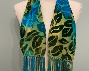 Silk Cut Velvet Fringed Shawl/Scarf, Green and Turquoise Scarf, Leafy Velvet, Soft Scarf,