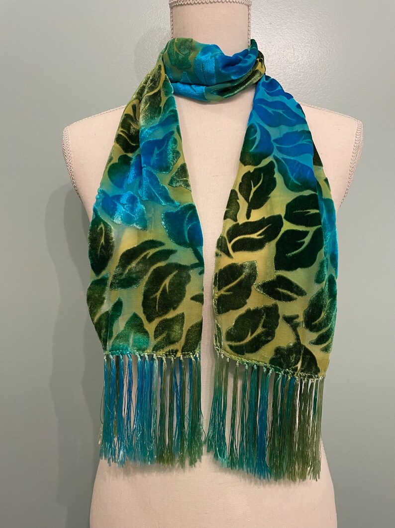 Silk Cut Velvet Fringed Shawl/Scarf, Green and Turquoise Scarf, Leafy Velvet, Soft Scarf, image 1