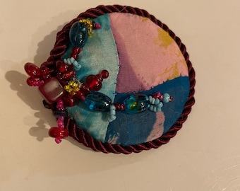 Silk Brooch, Patchwork Silk, Bead Embroidery, Leather, Silk, Beads, Titled "Pomegranate”