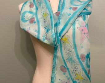 Teal Silk Scarf, Neck Scarf, Head Scarf, 100% silk, Hand Painted/Dyed, titled “Milky Way”