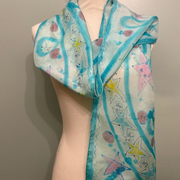 Teal Silk Scarf, Neck Scarf, Head Scarf, 100% silk, Hand Painted/Dyed, titled “Milky Way”