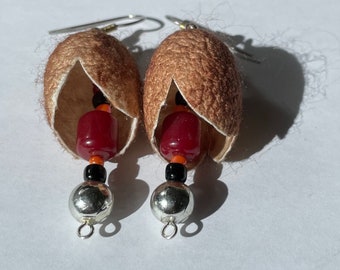 Brown Earrings, Hand Dyed, Silk and Bead Earrings, Lightweight Earrings, OOAK, Silk Cocoons, Gold and Silver-toned findings